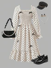 SHEIN Girls Elegant Back To School Daily Black Long Sleeve Dress Teen - White - View 11