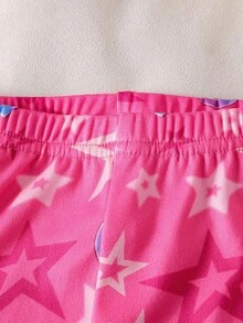 SHEIN 女童幼童甜美可愛優雅休閒日常舒適親膚柔軟針織高彈性多色女童團卡通塗鴉印花圓領貼身睡衣套裝貼身 - 玫紅色 - 查看 5