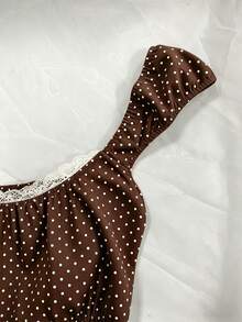 INAWLY Navy Blue Polka Dot Square Neck Petal Sleeve Tie Waist Blouse - Brown - View 3