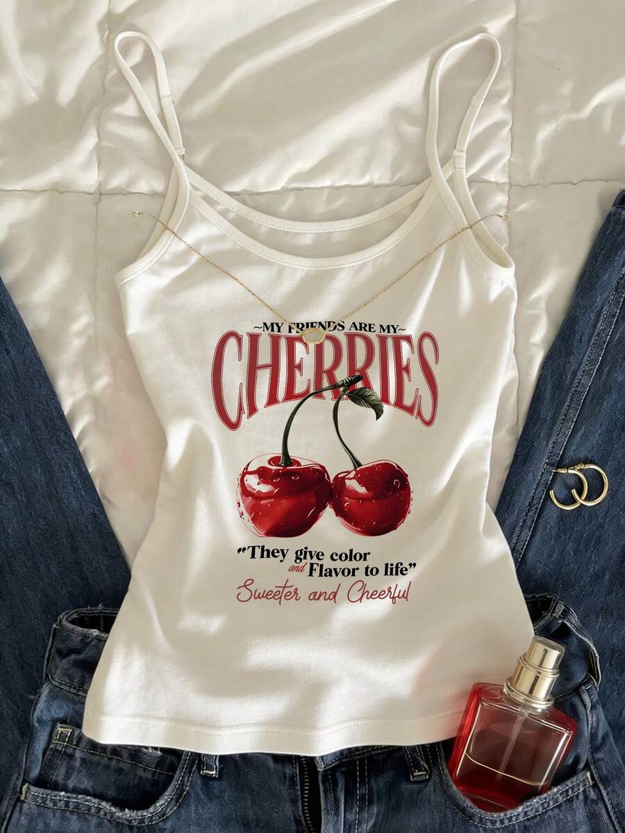 IslaSuriya Camisola de tirantes con estampado de cerezas y ribete con estampado de letras - Blanco - Ver 1