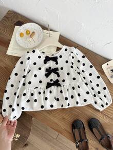 SHEIN Young Girl Polka Dot Print Bow Decor Shirt - Black and White - View 6