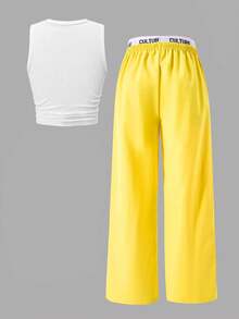 SHEIN ChillGRL 2pcs/Set Tween Girl Star Print Side Drawstring Top Paired With Waist Color Block Cargo Pocket Pants, Casual Street Style, Spring/Summer - Yellow - View 2
