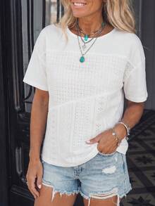 SHEIN LilyWest Women's Round Neck Contrast Lace And Jacquard Fabric Dropped Shoulder Short Sleeve Loose Western Boho Casual Design T-Shirt White Summer Vacation - White - View 3