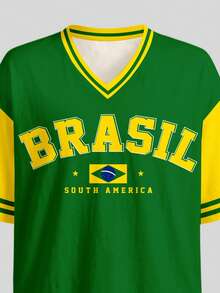 復古時尚綠色字母 BRAZIL、活力陽光黃、黃金海岸、對比領條紋運動風，青少年女孩簡約休閒 T-shirt 開學季、Y2k、Bm、美式復古甜美，戶外野餐、出遊、街拍 - 彩色 - 查看 4