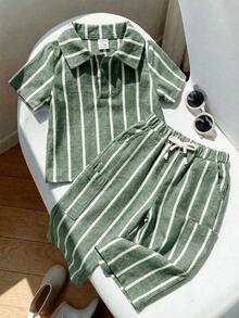 SHEIN 2 buc./set Set de cămașă cu mânecă scurtă și guleră cu dungi albastru-alb și pantaloni lungi, confortabil, casual și versatil, pentru bebeluși băieți și fete, potrivit pentru primăvară și vară, interior, exterior, uz zilnic, sport, joacă, petreceri, fotografii, vacanțe și sărbători - Multicolor - Vizualizare 6