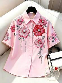 SHEIN Franclia Women's Summer Casual Loose Fit Short Sleeve Shirt With Beaded Floral Rhinestone Print, Positioned Cuffs And Turn-Down Collar, Pink, For Daily Commute, Travel, Vacation, Dating, Photography, Gathering, Dining, Camping, Birthday, Office Wear - Multicolor - View 7