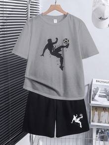 SHEIN 青少年男孩寬鬆街頭風短袖短褲套裝，適合生日派對、晚宴、表演、婚禮、洗禮、開幕典禮，日常穿著、上學、旅行、運動，適合作為春夏季穿搭 - 灰色 - 查看 2