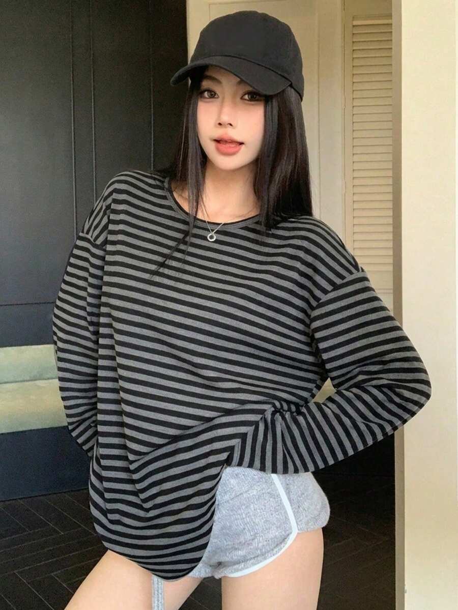DAZY 春夏秋冬細條紋拼色拼接上衣 音樂節休閒街頭戶外度假長袖女款T恤 - 灰色 - 查看 1