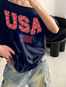 StreetHx Women's Loose White T-Shirt, Off Shoulder, USA Flag Print, Oversized For Summer - Navy Blue - View 3
