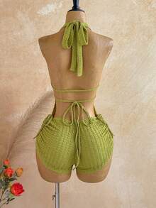 Soleia Bộ jumpsuit dệt kim họa tiết đục lỗ dây rút mới phong cách Bohemian, Boho, hoa lãng mạn, đi chơi, tiệc hoa, hẹn hò, Valentine, Phục sinh, lễ hội, trà chiều, đi biển, du thuyền, du lịch thành phố, dạo phố - màu xanh lá - Xem 2