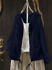 EMERY ROSE Chaqueta de lino talla grande cómoda con capucha, cordón ajustable, flecos largos, manga larga, bolsillos, estilo casual de moda para vacaciones - Azul Marino - Ver 1
