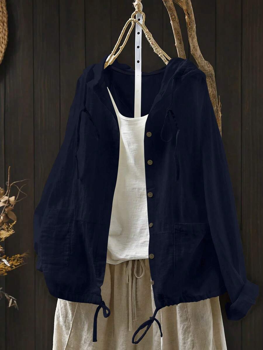 EMERY ROSE Chaqueta de lino talla grande cómoda con capucha, cordón ajustable, flecos largos, manga larga, bolsillos, estilo casual de moda para vacaciones - Azul Marino - Ver 1