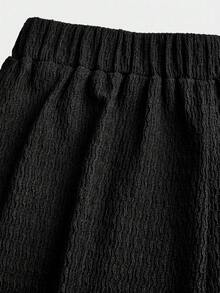 SHEIN Conjunto de 2 peças para meninas pré-adolescentes, cor café, casual, com blusa de malha justa sem mangas e franzidos nos ombros, ideal para usar em casa, ao ar livre, em viagens, no dia a dia e na escola. Perfeito para usar em casa, ao ar livre, em viagens, no dia a dia e na escola. - Preto - Ver 3