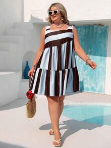 Vivid Eden Plus Size Women's Vacation Navy Blue Square Neck Casual Boho Sleeveless Dress Beach Vacation Summer - Baby Blue - View 3