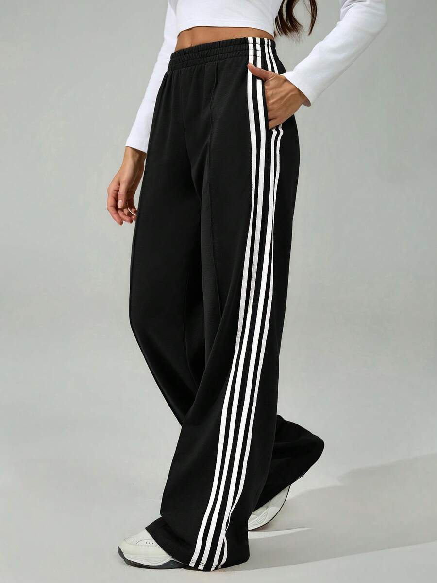 SHEIN Tall 女款彈性腰側條紋寬腿寬鬆休閒運動長褲,返校季,高個女性適用 - 黑與白 - 查看 1