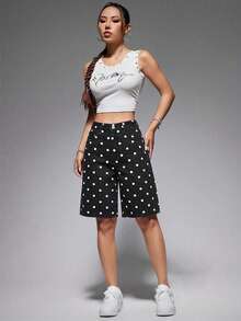 SHEIN EZwear 女款圓點圖案口袋休閒膝長牛仔短褲 - 黑色 - 查看 4