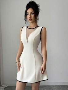 Elenzga Sleeveless Round Neck Color Block Fabric Patchwork Waist A-Line Elegant Romantic Dress For Women - Apricot - View 4