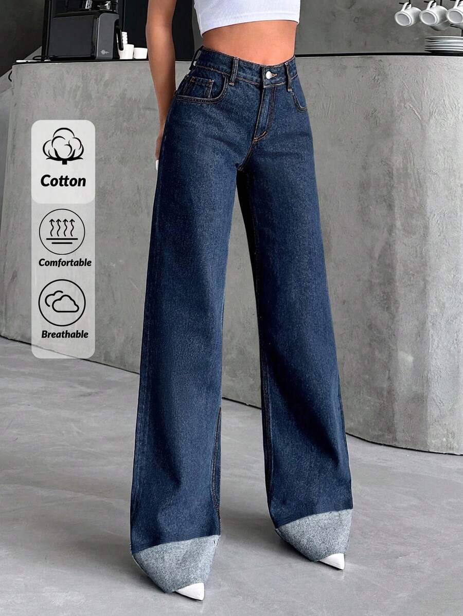 SHEIN Cottnline Women Plus Size High Waist Folded Hem Wide Leg Casual Denim Jeans Navy Blue Summer Formal Going Out