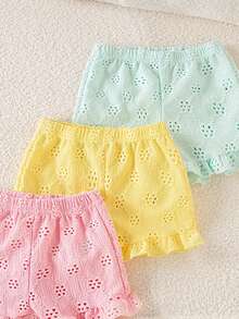SHEIN 3件組嬰兒/幼兒女童可愛休閒極簡百搭寬鬆舒適短褲套裝，柔軟親膚花卉鏤空紋理針織面料彈性腰帶荷葉邊飾邊粉色與白色素色，多色可選，高CP值，適合春夏日常/外出/度假/玩耍 - 彩色 - 查看 5
