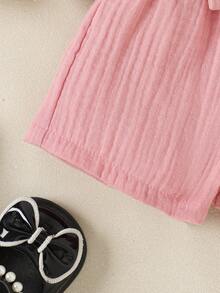 SHEIN Vintaside Kids 女嬰 3件/套 休閒極簡風夏季薄款短褲，親膚棉質皺褶面料高腰燈籠褲附蝴蝶結，寬鬆百搭外穿短褲 - 彩色 - 查看 8