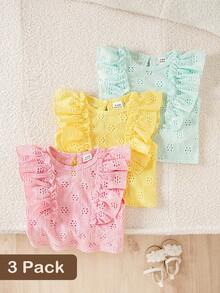 SHEIN Playful Pals 3件組彩色心形條紋印花荷葉邊圓領套頭T恤上衣，舒適柔軟休閒可愛春夏季新款 - 彩色 - 查看 3