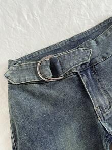 Elamini Fashionable Retro Washed Low-Waist Slim Fit Capri Denim Jeans - Dark Wash - View 5