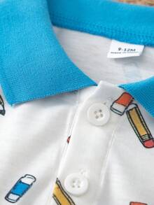 SHEIN 幼童男童夏季休閒兩件套，包含棕櫚樹與船隻印花領子 Polo 衫及彈性腰圍短褲，時尚舒適，適合 6 個月至 3 歲男童，適合日常穿著、戶外活動及返校 - 藍色 - 查看 10
