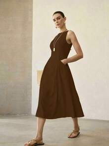 MOTF PREMIUM WOMEN'S SOLID COLOR SLEEVELESS MIDI DRESS - Coffee Brown - View 3