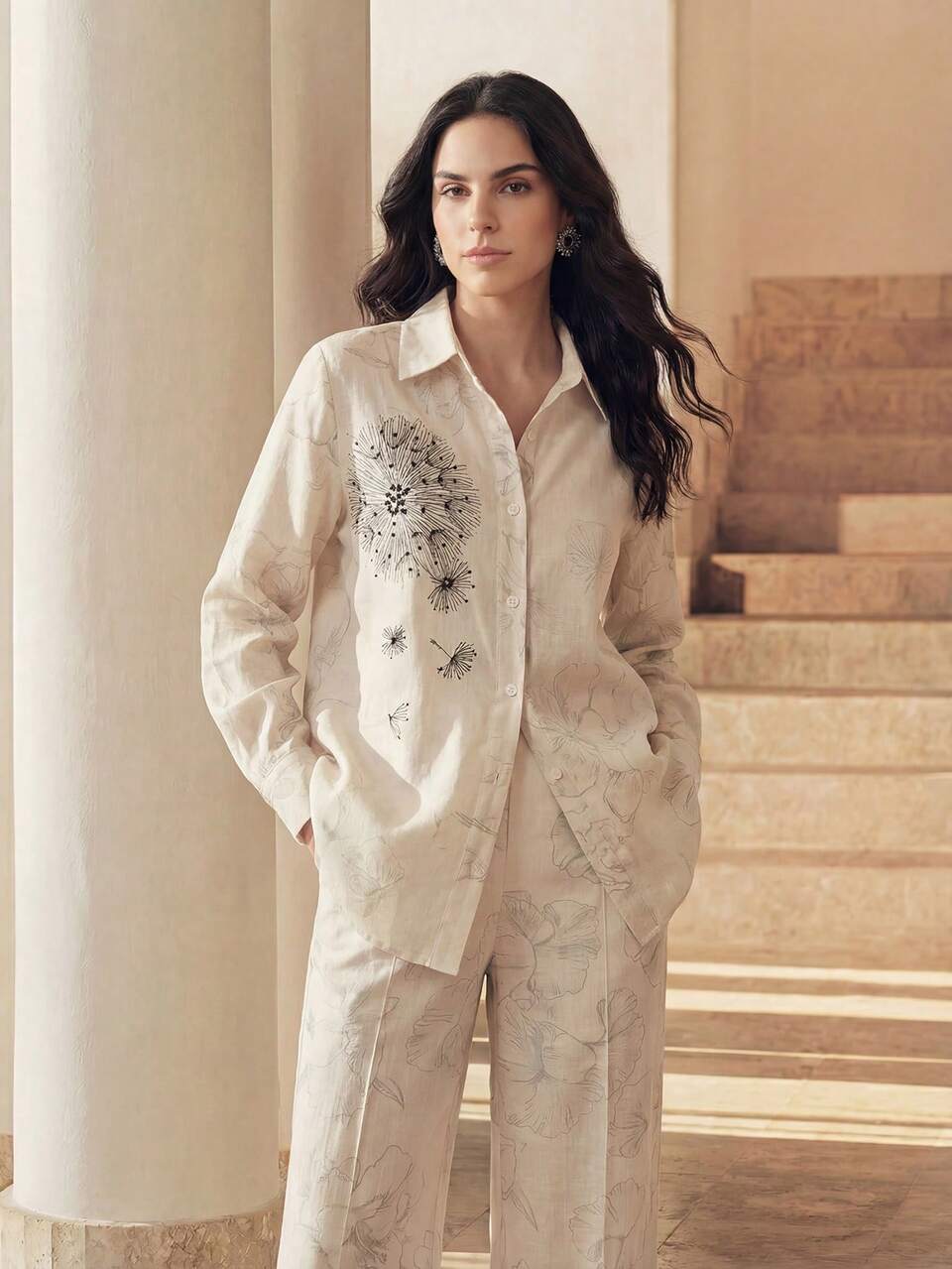 Anewsta Women's Elegant Casual 2 Pieces Set, Beige Floral Long Sleeve Button-Up Shirt Loose Straight Leg Pants, Autumn Tropical Holiday Vacation Wear Brunch