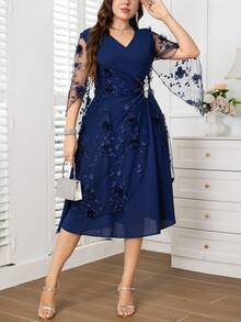 Reflora Plus Size Elegant Party Dress With 3D Floral Decoration Fall - Navy Blue - View 4