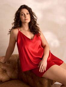 Charlaine Plus Contrast Lace Satin PJ Set / Pajama Set - Red - View 2