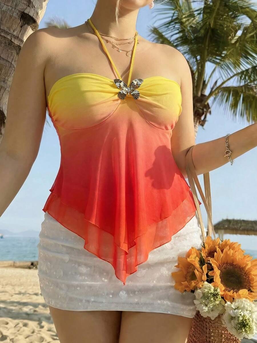 SHEIN MOD 大码女式露背系带金属装饰休闲百搭日常上衣 - 彩色 - 查看 1