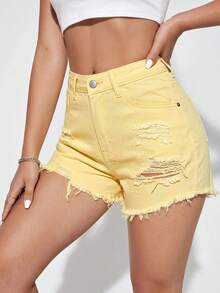 SHEIN Essnce 女款磨損毛邊鈕扣口袋牛仔短褲 - 黃色 - 查看 4