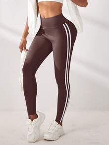 SHEIN Sovereign Charm Contrast Color Striped High Waist Sports Leggings - Brown - View 3