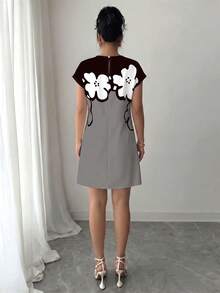 SHEIN Elenzya 標準尺寸 精緻優雅女款日常休閒正式日常高茶通勤家庭聚會短袖洋裝 早午餐灰色花卉夏季 - 彩色 - 查看 2