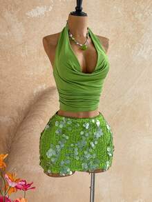 Soleia Pink Sequin Vacation Women's 2 Pieces Set,No Breast Pads - Green - View 7