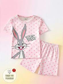 LOONEY TUNES X SHEIN GraphicGems 少女波点卡通印花紧身弹力面料圆领舒适短袖上衣和短裤两件套紧身睡衣套装 - 粉色 - 查看 3