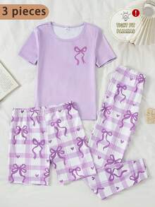 Girls' Sweet Cute Elegant Casual Daily Minimalist Fashion Soft Skin-Friendly Knit High-Stretch Tight Fabric Purple Bow Plaid Heart Cartoon Print Pattern Round Neck Short Sleeve Top With Shorts And Long Pants Pajama Set 3-Piece Loungewear Set - Purple - View 2