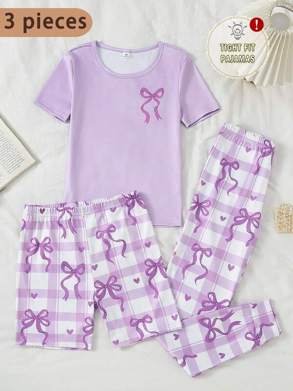 Girls' Sweet Cute Elegant Casual Daily Minimalist Fashion Soft Skin-Friendly Knit High-Stretch Tight Fabric Purple Bow Plaid Heart Cartoon Print Pattern Round Neck Short Sleeve Top With Shorts And Long Pants Pajama Set 3-Piece Loungewear Set