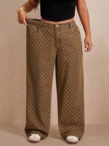 Elaquor Plus Size Pocket Button Polka Dot Pattern Long Denim Jeans, Summer Outfits, Holiday, Commuter, Casual, Versatile Jeans, Brown Color, Work Wear. - Brown - View 3