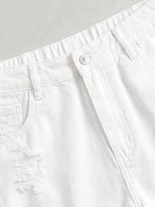 SHEIN Plus Size Fashion Casual Everyday Formal Vacation Versatile Distressed Denim Shorts White Summer - White - View 4