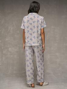 SHEIN Conjunto de pijama de manga corta con lazo a rayas y estampado lindo y dulce para mujer - Azul - Ver 4