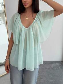 Aloruh Deep V-Neck Romantic Ruffle Trim Blouse,Summer Top - Green - View 6