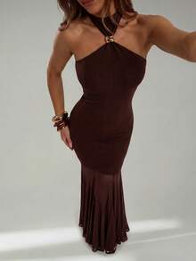 SHEIN Tall Spring/Summer Women's Solid Dark Brown Halter Neck Metal Buckle Spliced Semi-Sheer Full Skirt Elegant Sexy Maxi Dress Wedding Dinner Party Night Out - Coffee Brown - View 3