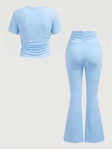 Kids Teen Girl Spring/Summer New Blue Ruched Design Short Sleeve Round Neck T-Shirt + Waist Ruched Flare Long Pants 2pcs Set, Suitable For Daily Outings, School Wear, Basic Long Pants Set - Blue - View 2