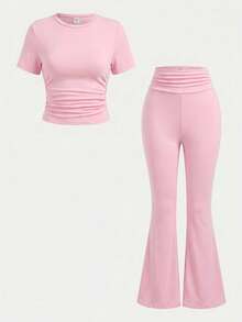Kids Teen Girl Spring/Summer New Pink Ruched Design Short Sleeve Round Neck T-Shirt + Waist Ruched Flare Long Pants 2pcs Set, Suitable For Daily Outings, School Wear, Basic Long Pants Set - Pink - View 5