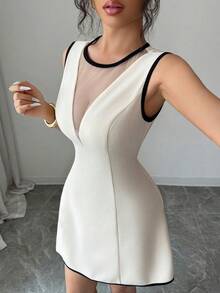 Elenzga Sleeveless Round Neck Color Block Fabric Patchwork Waist A-Line Elegant Romantic Dress For Women - Apricot - View 7
