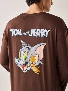 Strevion TOM & JERRY 男士休闲猫鼠和谐印花圆领长袖T恤，日常穿着，春秋季 - 咖啡棕 - 查看 3