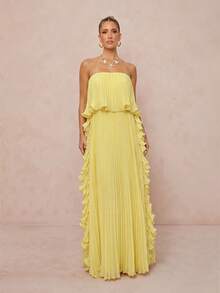 Lumalex New Spring/Summer Pleated Lemon Yellow Lace Trim Bandeau Long Dress Dinner Day Party Elegant - Light Yellow - View 13