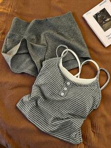 Resyla Conjunto de Top de Tirantes Finos a Rayas y Pantalones Cortos 2 en 1 para Mujer, Nuevo Primavera/Verano - Gris Oscuro - Ver 4